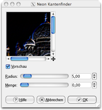 Eigenschaften für das Filter Neon